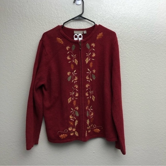 Croft‎ & Barrow Women’s Red Autumn Falling Leaves Full Zip Sweater XL - Picture 1 of 5